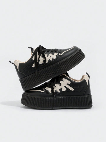Sporty Chic: Beige Letter Graphic Lace-up Sneakers for Women