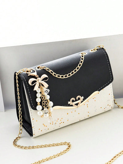 Chic Two-Tone Faux Pearl Decor Small Shoulder Bag