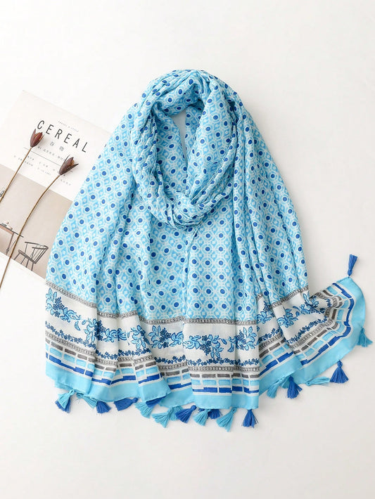 This stylish and versatile Chic Blue Geometric Pattern Tassel Scarf is a must-have accessory for any fashion-forward individual. The unique geometric pattern adds a touch of sophistication to any outfit, while the soft material and tassel details provide both comfort and style. Perfect for any occasion, this scarf is sure to elevate your look.