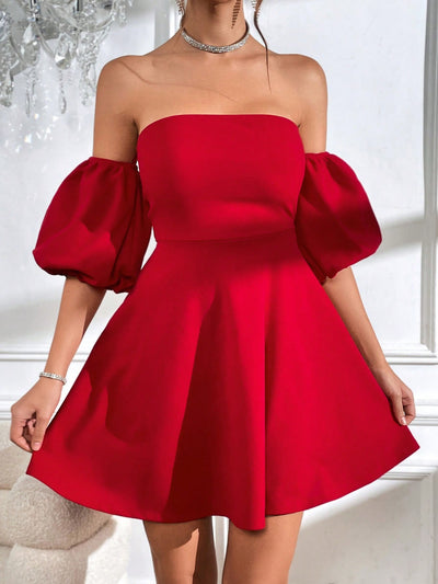 Chic Off-Shoulder Puff Sleeve Dress with Tie-Back Detail