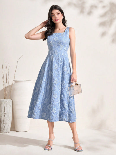 Chic Floral Jacquard Sleeveless Dress with Square Neckline – Perfect for Vacation