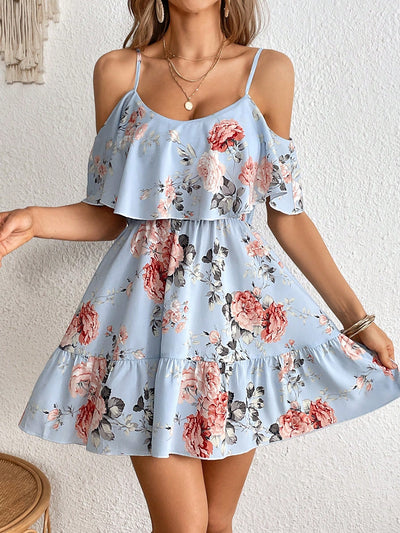 Romantic Flower Printed Off-The-Shoulder Ruffle Strap Summer Dress