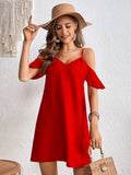 Front view of red V-neck cold shoulder mini dress with flutter sleeves