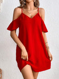 Front view of red cold shoulder mini dress with spaghetti straps and flutter sleeves