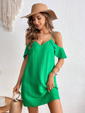 Front view of green cold shoulder V-neck mini dress with flutter sleeves