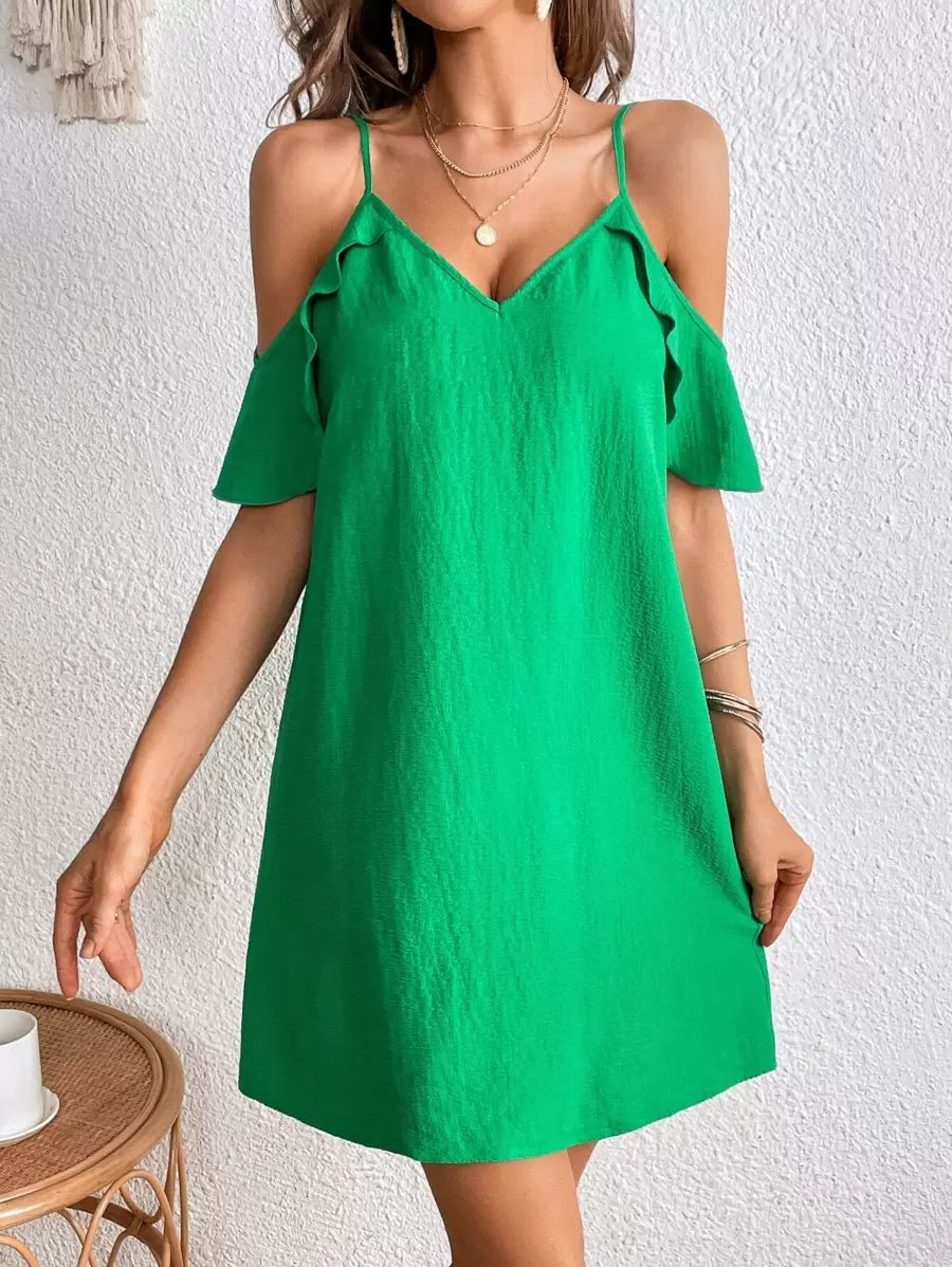 Close front view of green cold shoulder mini dress with flutter sleeves