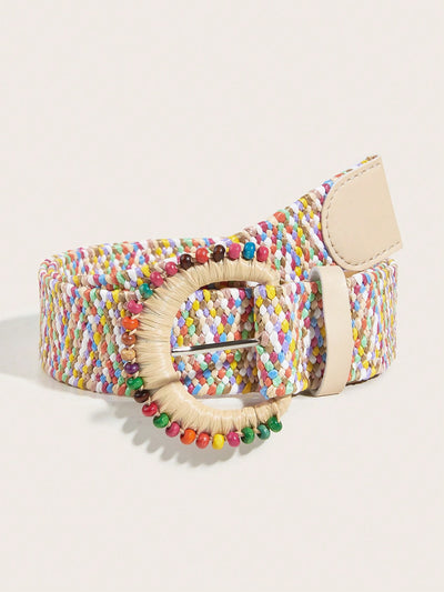 Dreamy Bohemian Bliss: Woven Elastic Waist Belt with D-Shaped Braided Wooden Beads Buckle