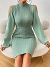 Mint Green Dream: Solid Cold Shoulder Lantern Sleeve Bodycon Dress