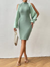 Mint Green Dream: Solid Cold Shoulder Lantern Sleeve Bodycon Dress