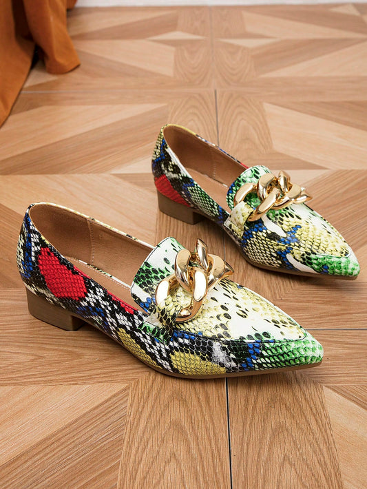 Bold and Beautiful: Colorblock Snakeskin Loafers with Chain Decor for Women