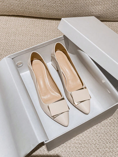 Chic Beige Metal Decor Chunky Heeled Pointed Toe Pumps