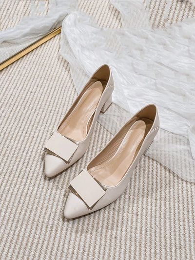 Chic Beige Metal Decor Chunky Heeled Pointed Toe Pumps