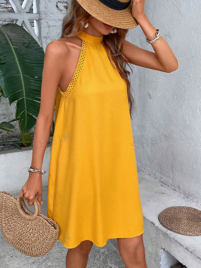 Classic Solid Tie-Back Halter Neck Tunic Dress