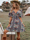 Charming Allover Butterfly Print Belted Dress with Flowy Sleeves