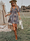 Charming Allover Butterfly Print Belted Dress with Flowy Sleeves