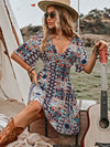 Charming Allover Butterfly Print Belted Dress with Flowy Sleeves