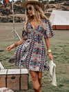 Charming Allover Butterfly Print Belted Dress with Flowy Sleeves