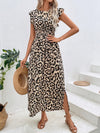 Roar in Style with our Leopard Print Ruffle Trim Split Thigh Dress