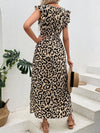 Roar in Style with our Leopard Print Ruffle Trim Split Thigh Dress