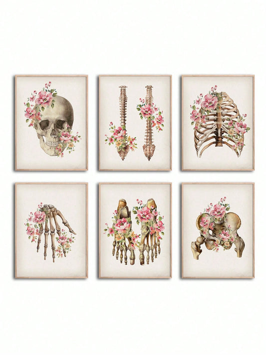 Vintage Anatomy Art: 6-Piece Floral Skeletal Bones Poster Set for Medical Wall Decor