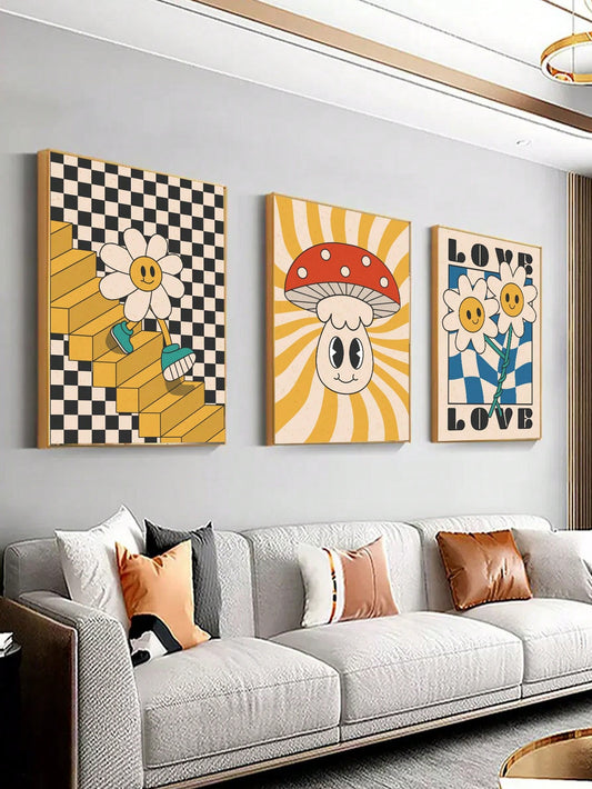 Whimsical Mushroom and Flower Wall Art Trio: Cute and Colorful Decor for Your Home