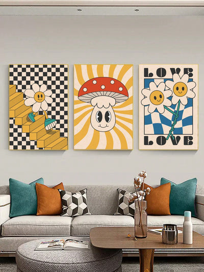 Whimsical Mushroom and Flower Wall Art Trio: Cute and Colorful Decor for Your Home