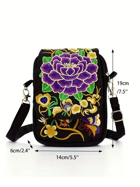 Stylish Embroidered Crossbody Bag: The Perfect Small Canvas Shoulder Bag with Zipper Phone Holder