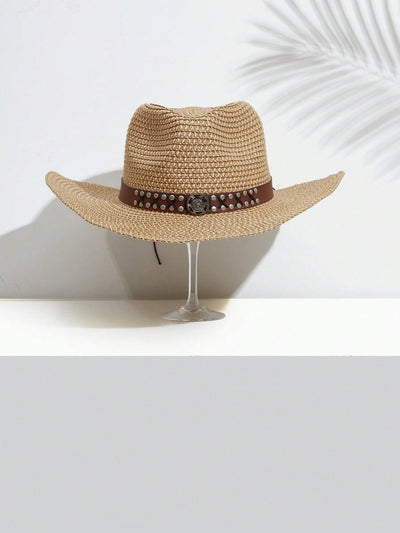 Stylish Women's Tape-Studded Decor Straw Cowboy Hat for Daily Boho Life