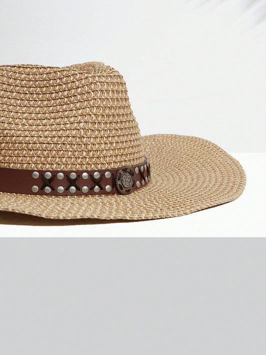 Stylish Women's Tape-Studded Decor Straw Cowboy Hat for Daily Boho Life