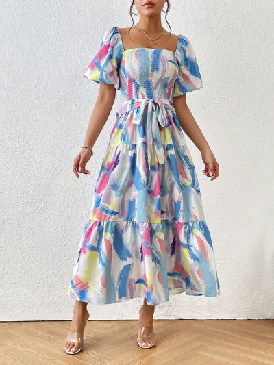 Brush Print Ruffle Hem Belted Dress - A Perfect Summer Wardrobe Essential