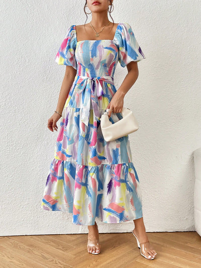 Brush Print Ruffle Hem Belted Dress - A Perfect Summer Wardrobe Essential