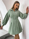 Chic Dual-Pocket Lantern Sleeve Cord Shirt Dress with Plicated Details