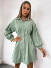 Chic Dual-Pocket Lantern Sleeve Cord Shirt Dress with Plicated Details