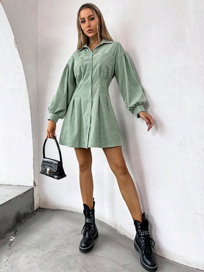 Chic Dual-Pocket Lantern Sleeve Cord Shirt Dress with Plicated Details