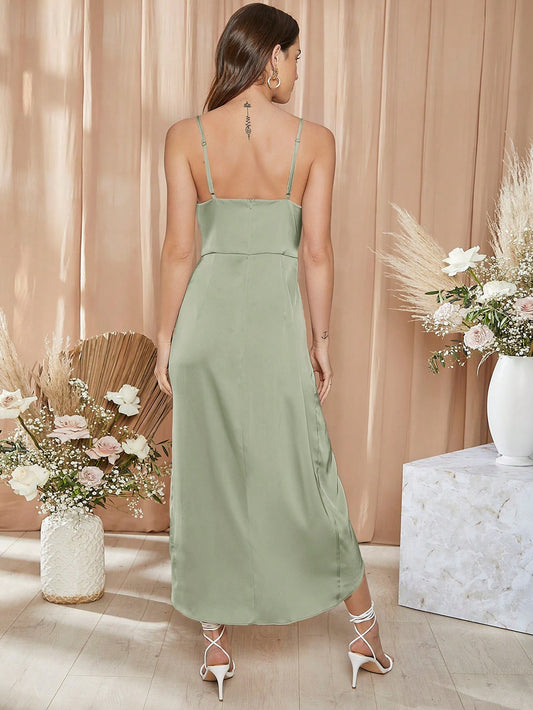 Elegant Satin Cami Bridesmaid Dress with Tie Front and Wrap Hem