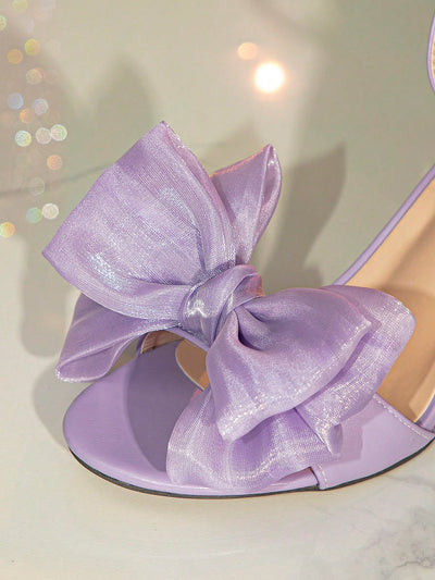 Chic Purple Bow-Decor Chunky Heeled Ankle Strap Sandals for Women