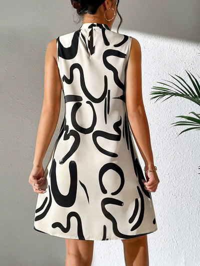 Chic Sleeveless Stand Collar Dress: Classic Women's Style with Printed Patterns