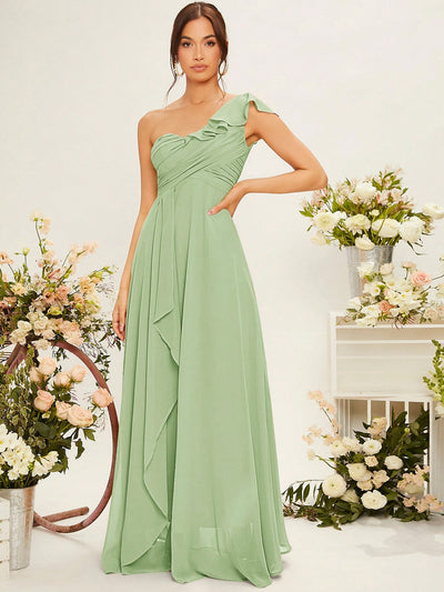 Elegant One-Shoulder Ruffle Trim Ruched Bustier Chiffon Bridesmaid Dress in Baby Blue