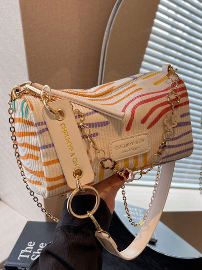 Trendy Color Block Canvas Shoulder Bag with Chic Chain Strap