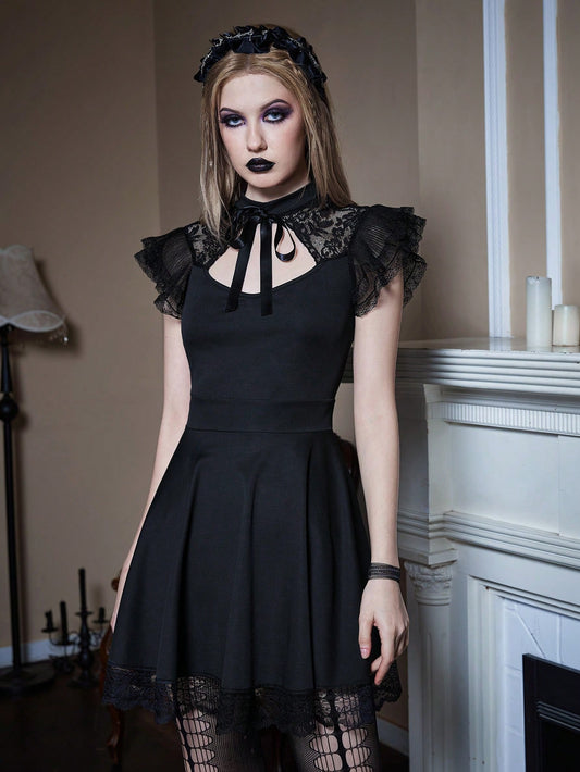 This romantic goth lace patchwork formal dress is the perfect combination of sophistication and edge. The intricate lace detailing adds a touch of romance, while the patchwork design adds a touch of the unexpected. Perfect for any formal occasion, this dress will make you stand out in style.