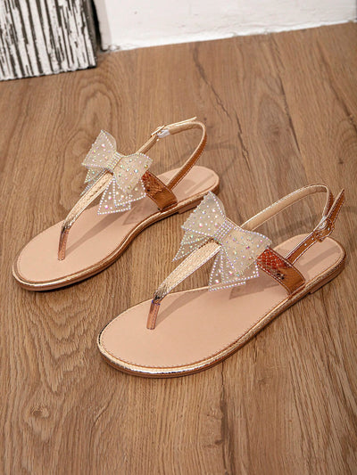 Glamorous Summer: Metallic Bow Flat Sandals for Women