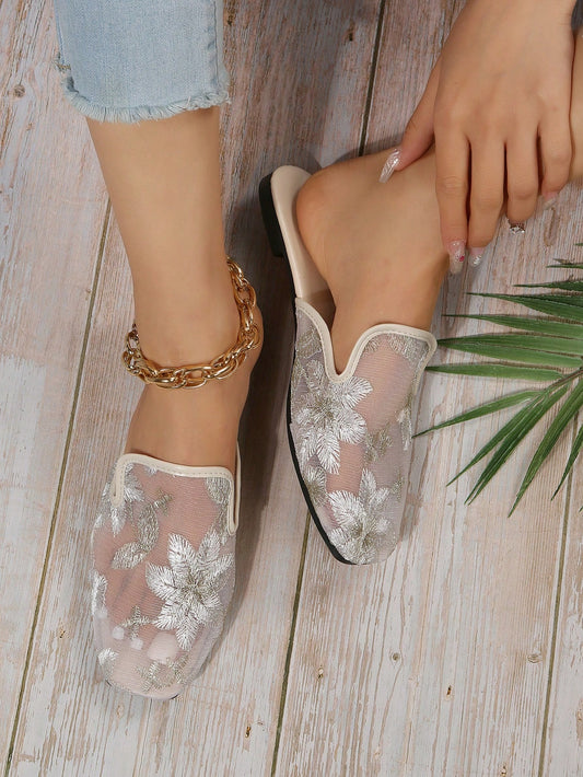 Chic Floral Embroidered Mesh Panel Flat Mules for Effortless Style