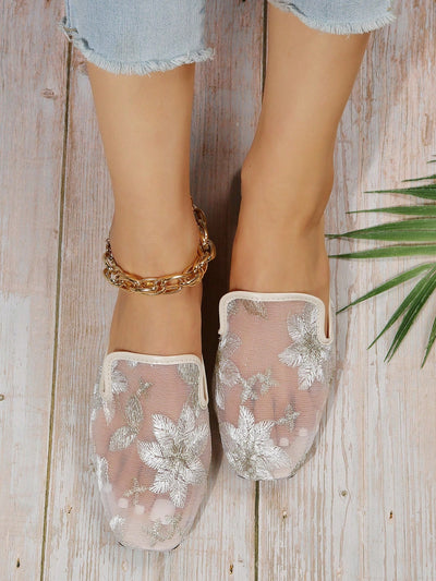 Chic Floral Embroidered Mesh Panel Flat Mules for Effortless Style