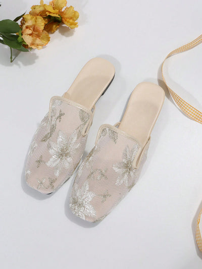 Chic Floral Embroidered Mesh Panel Flat Mules for Effortless Style