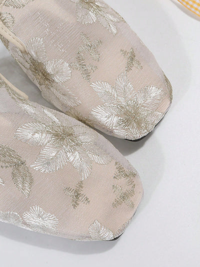 Chic Floral Embroidered Mesh Panel Flat Mules for Effortless Style