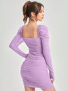 Radiant Ruched Mesh Overlay Dress with Frill Trim and Gigot Sleeves