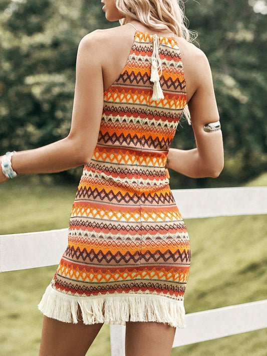 Chic Chevron Print Bodycon Dress with Fringe Hem - Perfect for Spring Concerts