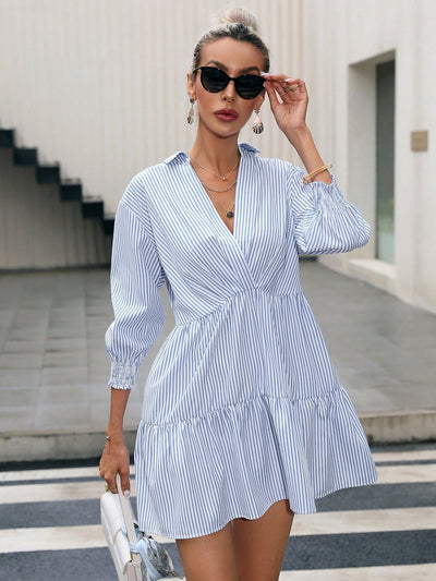 Chic and Classic: Women's Striped Mid-Sleeved Dress With Ruffled Hem