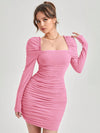 Radiant Ruched Mesh Overlay Dress with Frill Trim and Gigot Sleeves