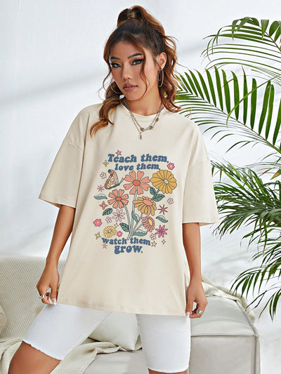 Floral Slogan Graphic Tee: 'Teach Them, Love Them, Watch Them Grow